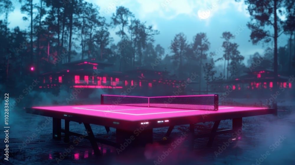Obraz premium Futuristic Ping Pong Table in Neon Lit Forest Setting