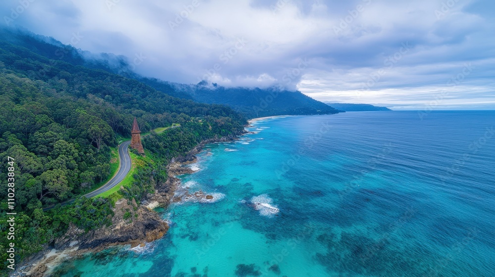 Scenic Coastal Highway Turquoise Ocean Lush Forest Winding Road Aerial View Scenic Coastal Highway Turquoise Ocean Lush Forest Winding Road Aerial View