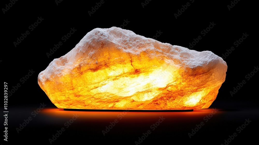 Glowing Salt Rock Lamp with Warm Amber Light on Dark Background Glowing Salt Rock Lamp with Warm Amber Light on Dark Background