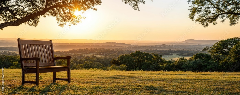 A serene wooden bench overlooking a vibrant sunset landscape. A serene wooden bench overlooking a vibrant sunset landscape.
