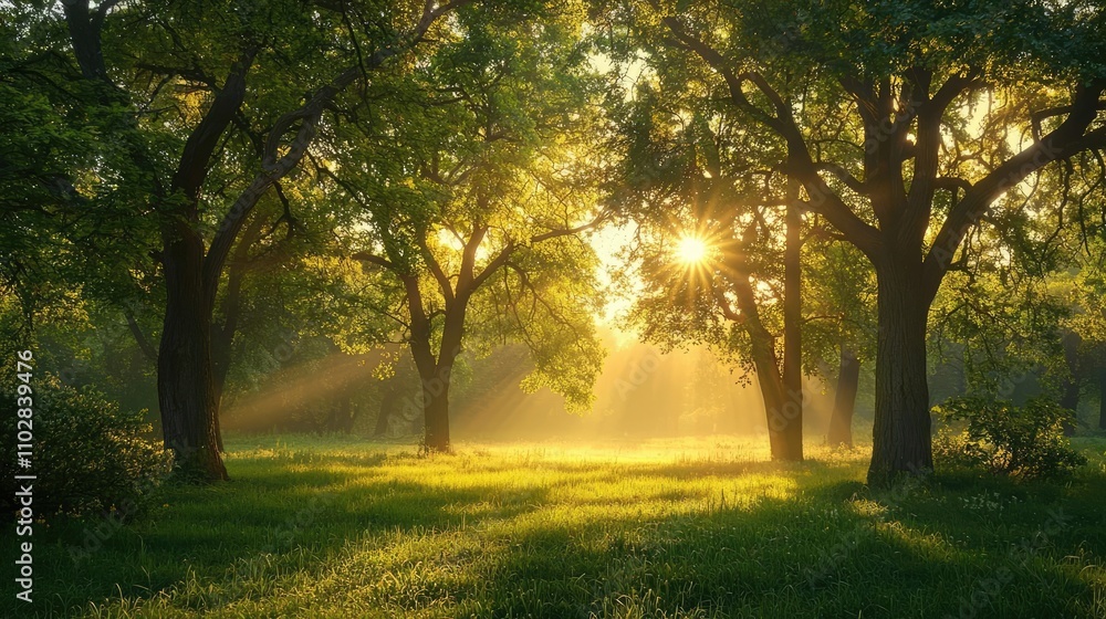 Fototapeta premium Sunlight filtering through trees in a lush green forest setting