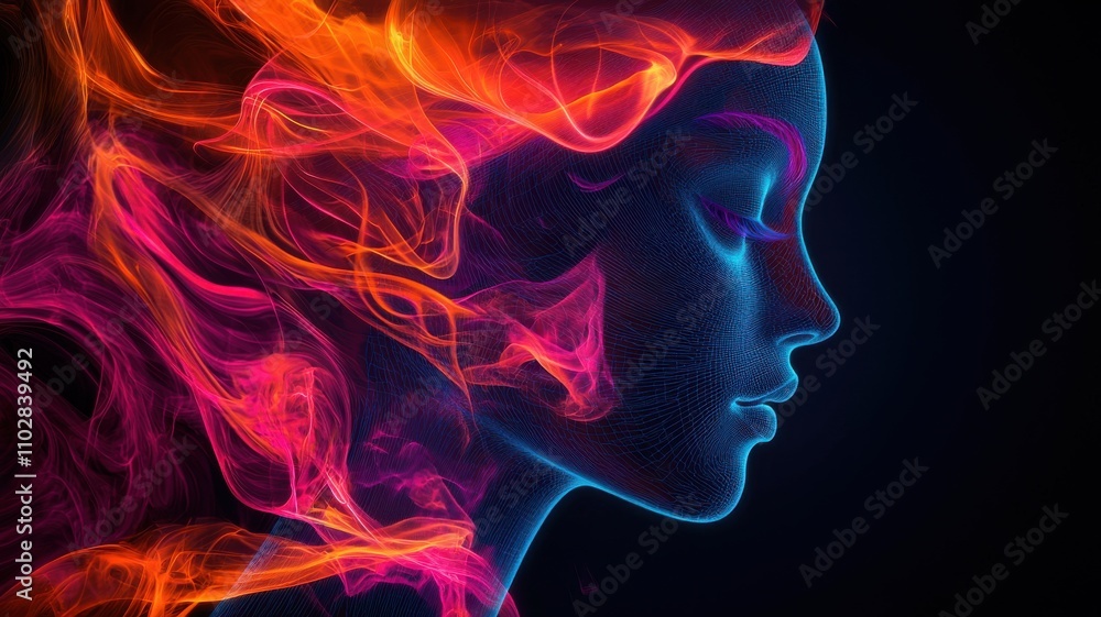 Art vibrant, abstract depiction of a woman's profile with flowing, colorful hair, evoking a sense of passion and creativity. Art vibrant, abstract depiction of a woman's profile with flowing, colorful hair, evoking a sense of passion and creativity.