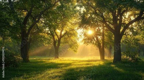 Sunlight filtering through trees in a lush green forest setting