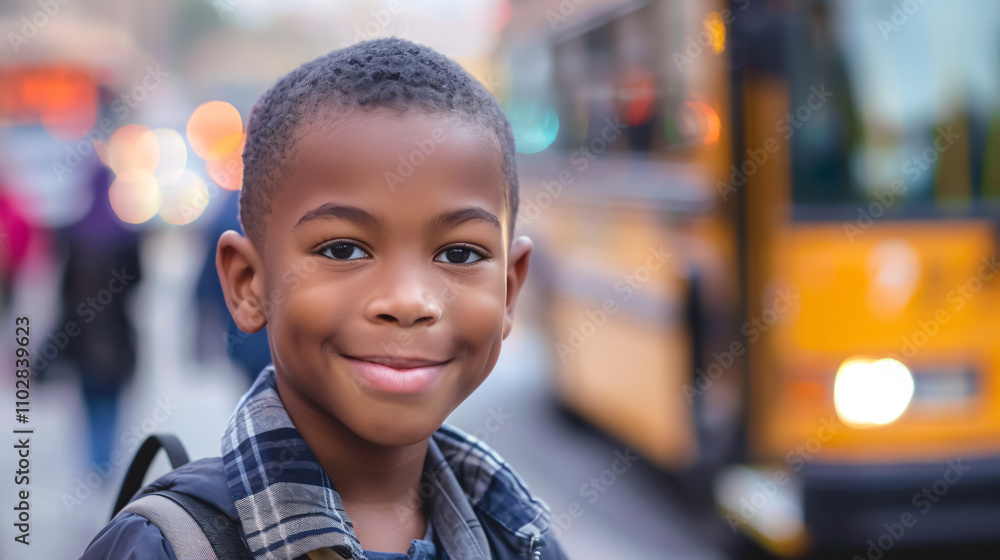 A schoolboy of African American descent standing in front of a blurred bus background, representing the Back to School theme. A schoolboy of African American descent standing in front of a blurred bus background, representing the Back to School theme.
