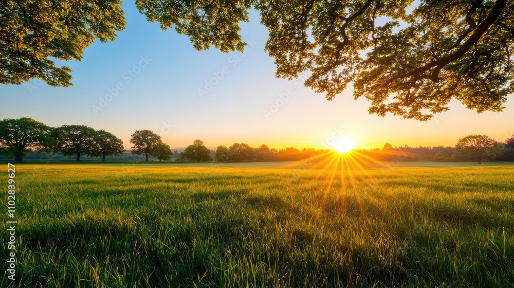 Obraz premium Sunrise over lush green field framed by trees, beautiful morning light.