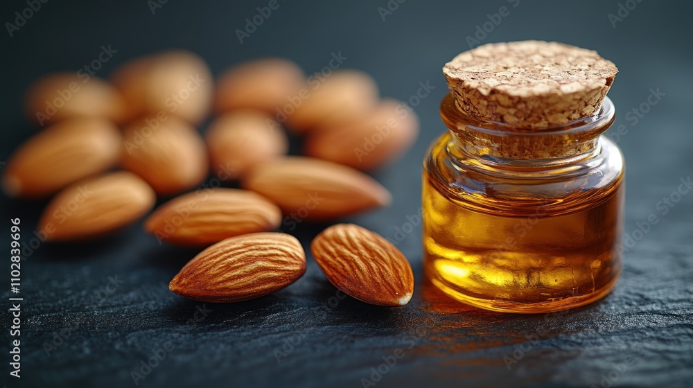 Almond oil in a small glass bottle with almonds scattered around. Almond oil in a small glass bottle with almonds scattered around.