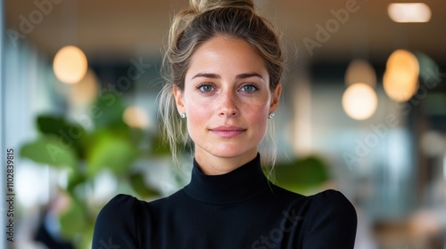 Confident Young Woman with Natural Beauty in Modern Office Setting