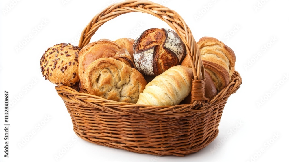 wicker basket with selection of breads and pastries isolated on white background wicker basket with selection of breads and pastries isolated on white background