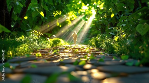 Serene Pathway Through Lush Green Forest with Sunlight Beams