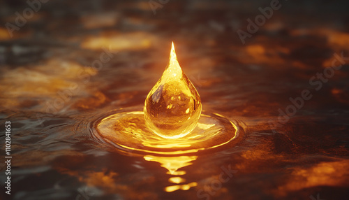 Radiant golden droplet with bokeh background