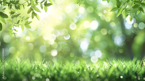 A fresh spring garden background featuring green grass and blurred foliage with a bokeh effect.