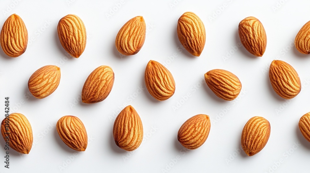 Almonds arranged in a grid pattern on a white background. Almonds arranged in a grid pattern on a white background.