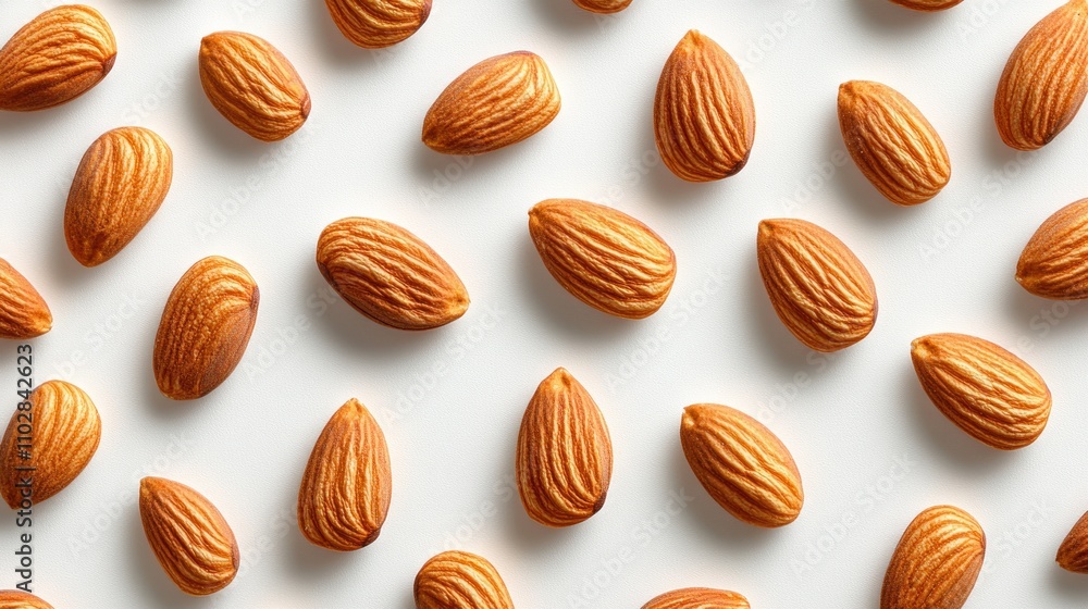 Almonds arranged in a pattern on a white background. Almonds arranged in a pattern on a white background.