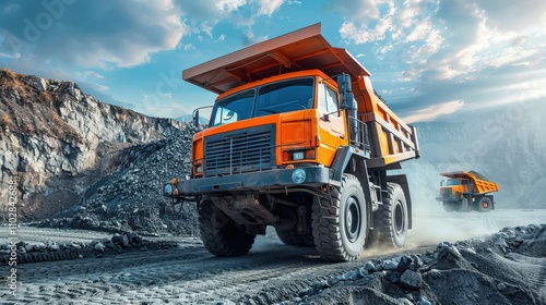 Powerful Dump Trucks Unloading Gravel at a Bustling Construction Site in Bright Daylight