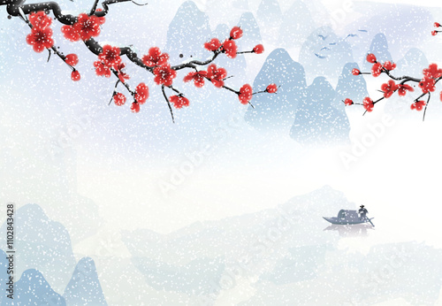Chinese style winter snowy background with plum blossom branches in the foreground, mountains in the distance and canopy boat