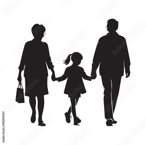 grandparents walking with granddaughter vector silhouette Illustration 