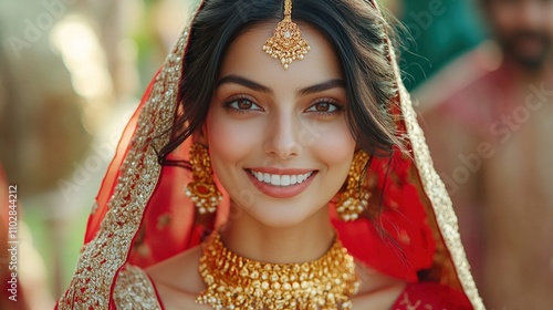 Beautiful Indian woman wearing traditional gold jewelry and red attire, smiling radiantly during a festive celebration. Vibrant and cultural 