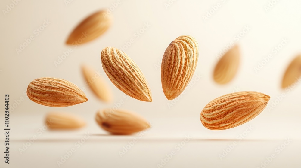 Almonds in mid-air, light beige background, healthy food, nutrition Almonds in mid-air, light beige background, healthy food, nutrition