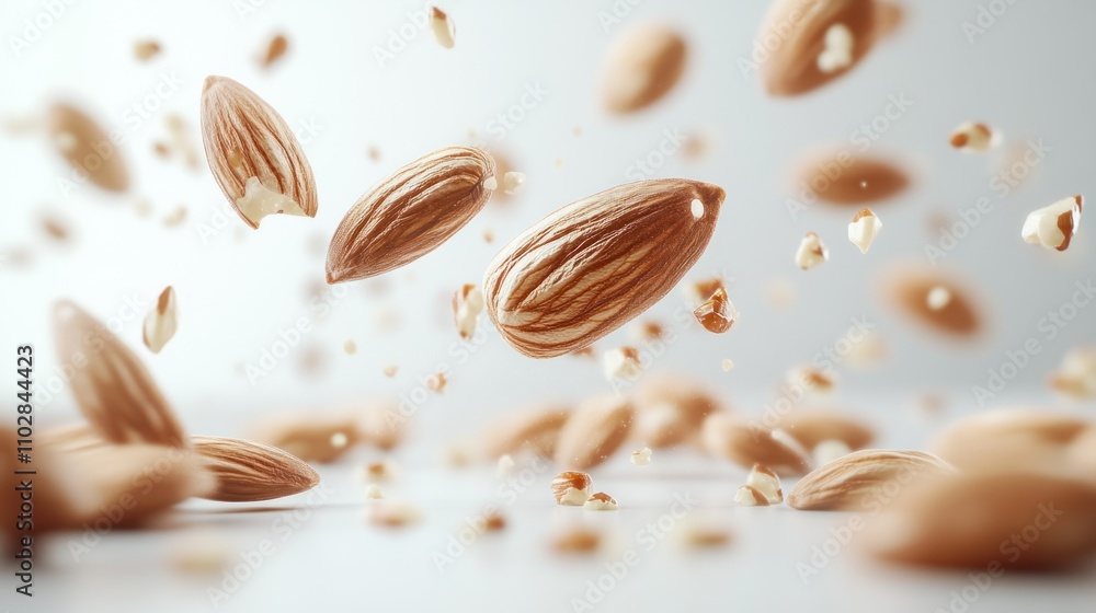 Almonds in mid-air, scattered on a white surface. Almonds in mid-air, scattered on a white surface.