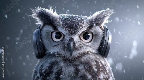 Wise Owl with Headphones  Snowy Winter  Music Lover  Wildlife  Nature photo