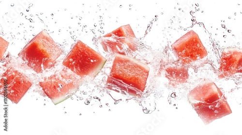 Watermelon chunks in a clear water splash, isolated on white, high-detail droplets 