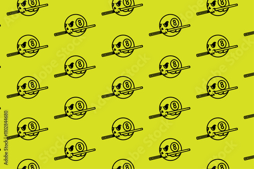 grim skull with cue stick pool outline seamless pattern on green background. skull head with ball billiard biting stick object illustration pattern background for billiard decoration and merchandise 