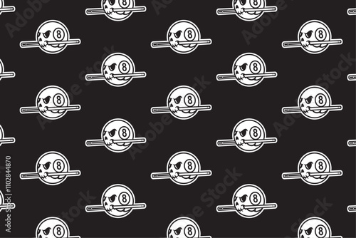grim skull ball with stick billiard silhouette seamless pattern on black background. skull head ball pool biting stick object illustration pattern background for billiard decoration and merchandise 