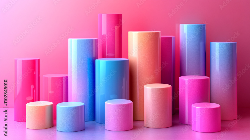 Vibrant iridescent 3D bar graph ascending from lowest to tallest, symbolizing growth, progress, and achievement with a futuristic design in dynamic colors, highlighting innovation and success Vibrant iridescent 3D bar graph ascending from lowest to tallest, symbolizing growth, progress, and achievement with a futuristic design in dynamic colors, highlighting innovation and success