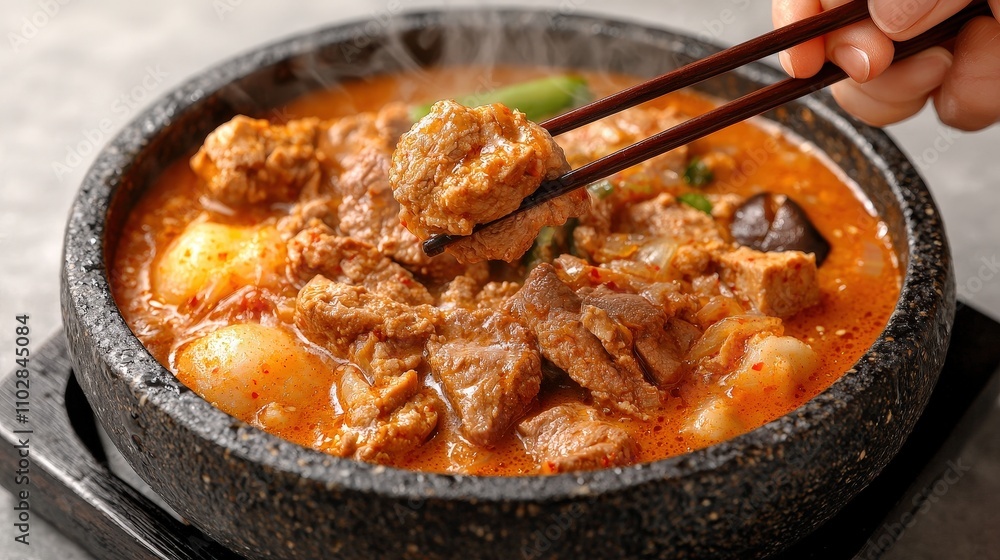 Spicy Korean Stew Bokkeumbap Meat Chopsticks Food Photography Asian Cuisine Spicy Korean Stew Bokkeumbap Meat Chopsticks Food Photography Asian Cuisine