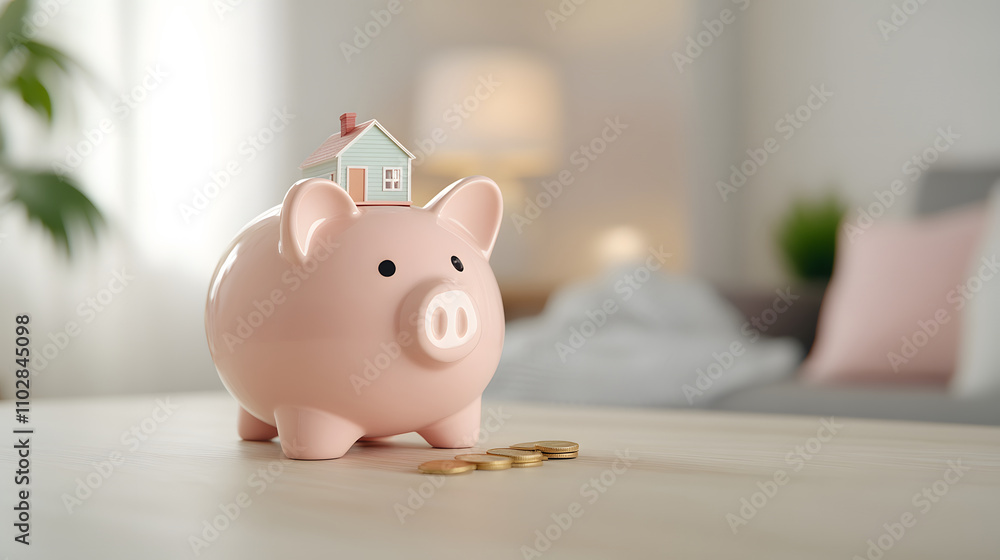 piggy bank with tiny house balanced on top symbolizes saving for home. This evokes feelings of financial security and future planning piggy bank with tiny house balanced on top symbolizes saving for home. This evokes feelings of financial security and future planning