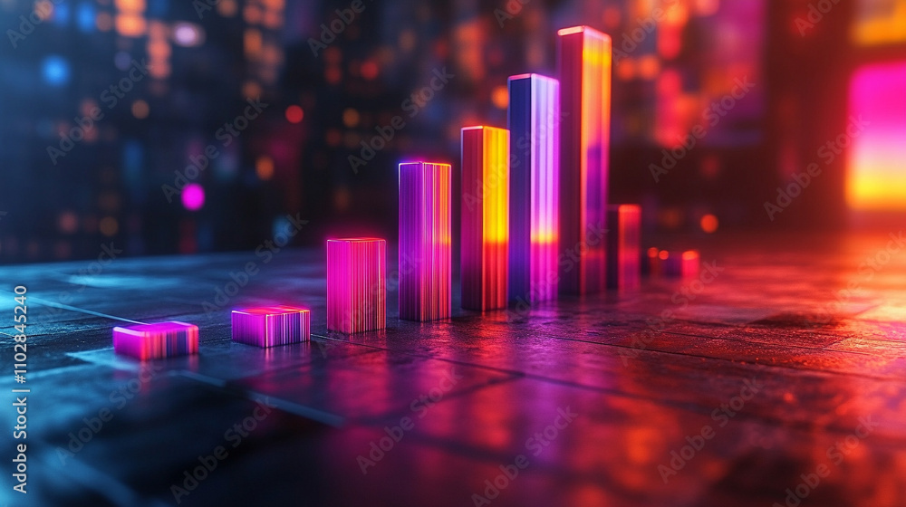 Vibrant iridescent 3D bar graph ascending from lowest to tallest, symbolizing growth, progress, and achievement with a futuristic design in dynamic colors, highlighting innovation and success Vibrant iridescent 3D bar graph ascending from lowest to tallest, symbolizing growth, progress, and achievement with a futuristic design in dynamic colors, highlighting innovation and success