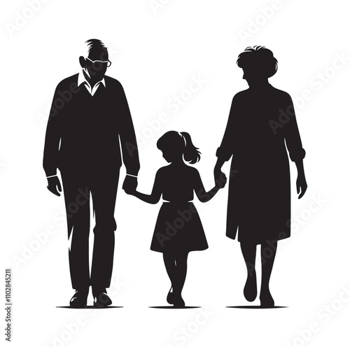 grandparents walking with granddaughter vector silhouette Illustration 
