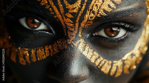 Close-up of a face painted with intricate gold and black patterns, blending artistic expression with dramatic aesthetics.