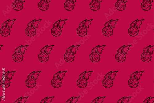 eye with 8 ball pool, bat wings outline seamless pattern on red background. eye ball billiard with bat wings object illustration pattern background for billiard decoration and merchandise 