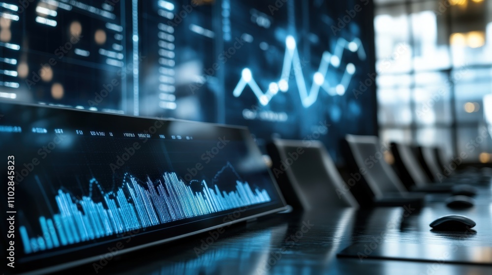 Modern Conference Room with Data Visualization on Display Screens, Business Analytics, Graphs, and Charts Representing Financial Growth Concepts Modern Conference Room with Data Visualization on Display Screens, Business Analytics, Graphs, and Charts Representing Financial Growth Concepts