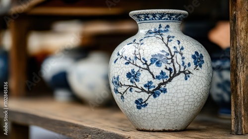 A decorative vase with floral patterns displayed on a wooden shelf.