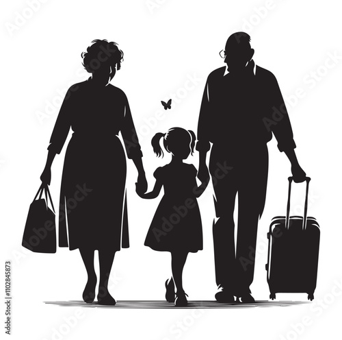 grandparents walking with granddaughter vector silhouette Illustration 