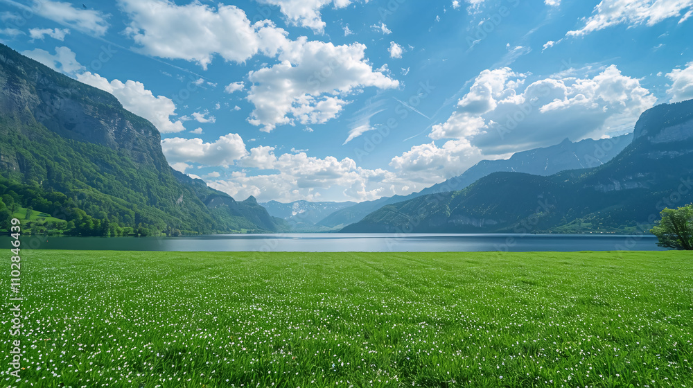Obraz premium A large green field with a lake and mountains in the background.