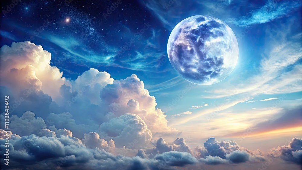 Peaceful sky with clouds and moon in a blue sky, peaceful, sky, clouds, moon, blue, nature, tranquil, serene, celestial, dusk Peaceful sky with clouds and moon in a blue sky, peaceful, sky, clouds, moon, blue, nature, tranquil, serene, celestial, dusk
