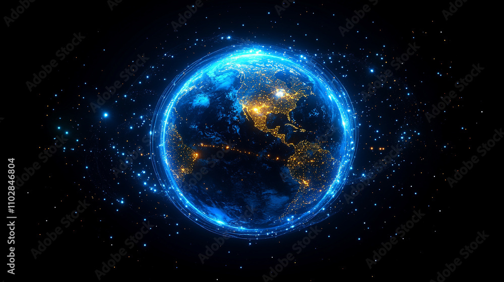 Abstract view of Earth surrounded by glowing technological rings, symbolizing global connectivity, advanced communication, and the future of innovation in a digitalized world Abstract view of Earth surrounded by glowing technological rings, symbolizing global connectivity, advanced communication, and the future of innovation in a digitalized world