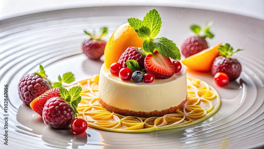 Elegant plating of gourmet dessert with intricate designs and colorful elements , Artistic, Gourmet, Dessert Elegant plating of gourmet dessert with intricate designs and colorful elements , Artistic, Gourmet, Dessert