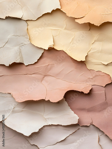 Torn paper strips in overlapping layers create textured background with soft, warm colors. This artistic composition evokes sense of depth and creativity