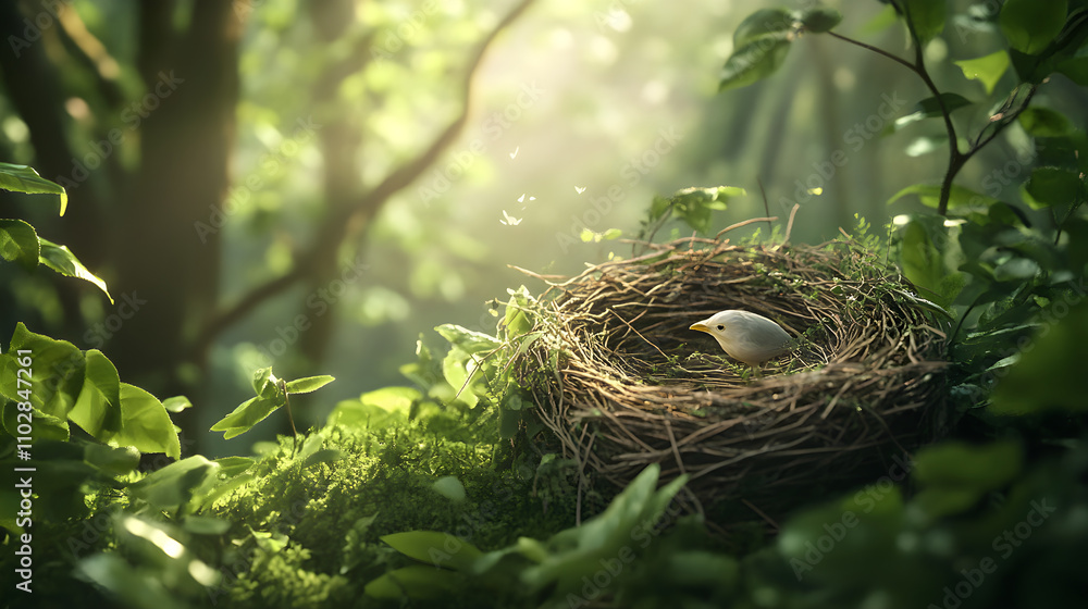 Harmonious Sanctuary: A White Bird's Nest Illuminated by Natural Sunlight in a Tranquil Forest Harmonious Sanctuary: A White Bird's Nest Illuminated by Natural Sunlight in a Tranquil Forest
