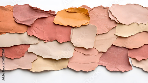 Torn paper scraps in various shades of peach, pink, and beige create textured collage. This artistic arrangement showcases harmonious blend of colors and shapes, evoking creativity and warmth