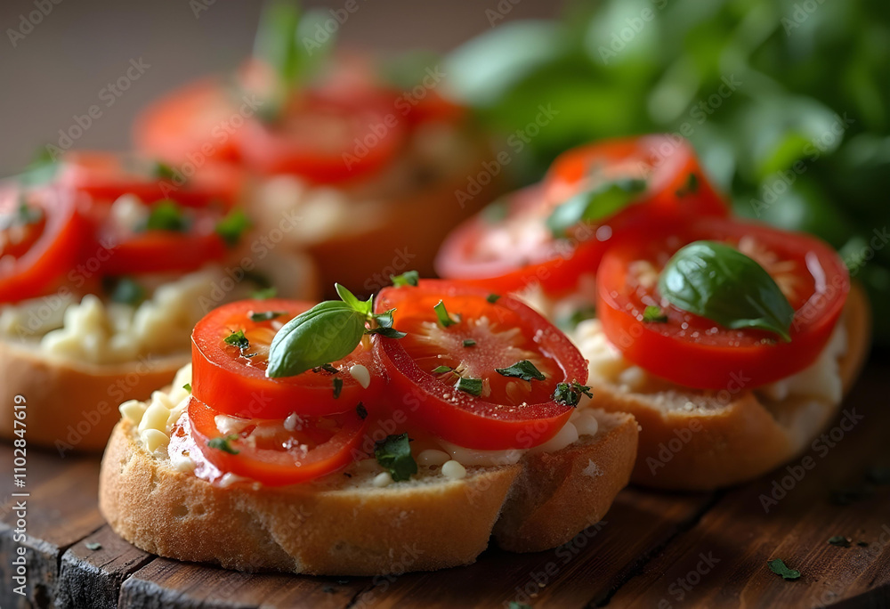Fresh tomato bruschetta topped with basil on toasted bread, showcasing vibrant colors and textures. Perfect for appetizers or snacks Fresh tomato bruschetta topped with basil on toasted bread, showcasing vibrant colors and textures. Perfect for appetizers or snacks