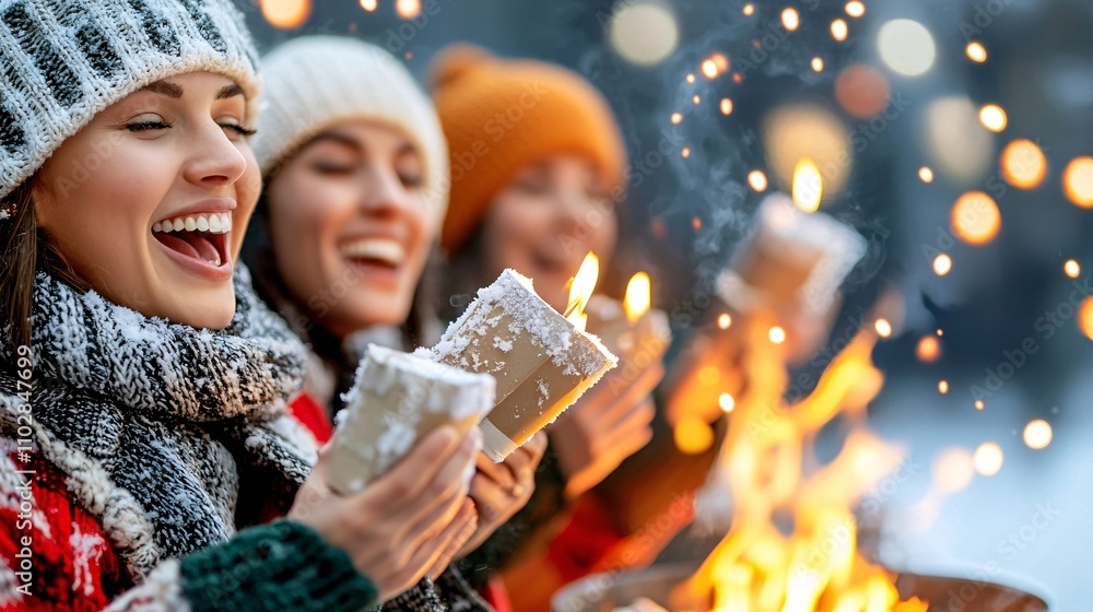 Christmas carols snow concept. Cheerful friends enjoy hot drinks by a cozy fire in winter scenery. Christmas carols snow concept. Cheerful friends enjoy hot drinks by a cozy fire in winter scenery.