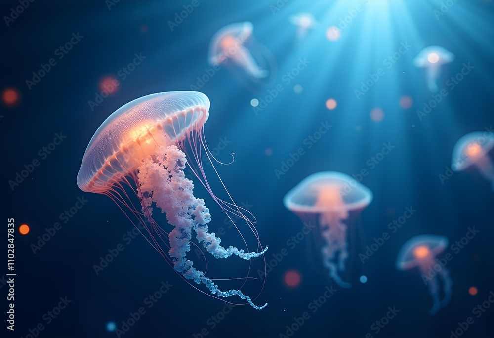 Jellyfish swimming gracefully in deep blue water, illuminated by soft light, creating serene underwater scene filled with vibrant colors and ethereal beauty Jellyfish swimming gracefully in deep blue water, illuminated by soft light, creating serene underwater scene filled with vibrant colors and ethereal beauty