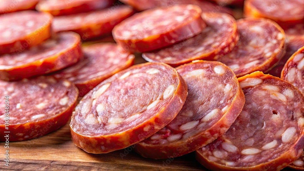 Close-up rotation of sliced sausages , food, meat, sausage, slices, close-up, rotation, deli, butcher, cooking, meal Close-up rotation of sliced sausages , food, meat, sausage, slices, close-up, rotation, deli, butcher, cooking, meal