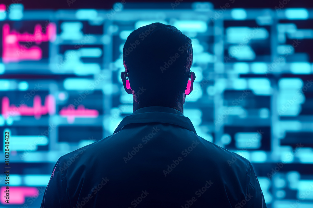 Doctor digital presentation concept. A person observes dynamic data displays, illuminated with blue and red graphics, suggesting a high-tech environment focused on analytics or monitoring. Doctor digital presentation concept. A person observes dynamic data displays, illuminated with blue and red graphics, suggesting a high-tech environment focused on analytics or monitoring.