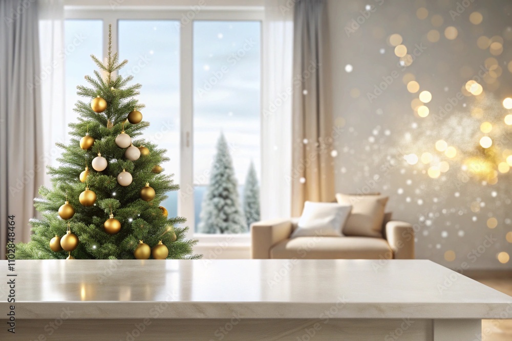 Blank white table top with abstract warm living room decor with Christmas tree, light blurred background with snow Blank white table top with abstract warm living room decor with Christmas tree, light blurred background with snow